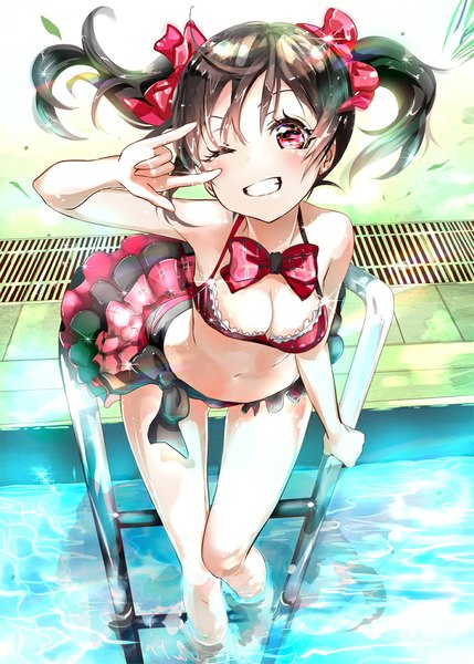 Anime picture 715x1000 with love live! school idol project sunrise (studio) love live! yazawa nico keepout single long hair tall image looking at viewer breasts light erotic black hair red eyes twintails cleavage one eye closed wink bare belly midriff grin