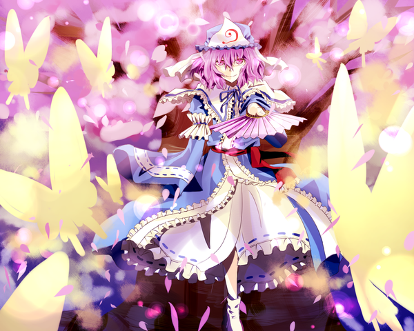 Anime picture 1280x1024 with touhou saigyouji yuyuko 23ichiya single short hair pink hair pink eyes cherry blossoms girl petals insect butterfly fan