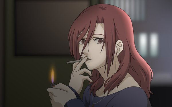 Anime picture 1680x1050 with kara no kyoukai type-moon aozaki touko single long hair looking at viewer red eyes wide image holding red hair nail polish mouth hold girl earrings cigarette lighter