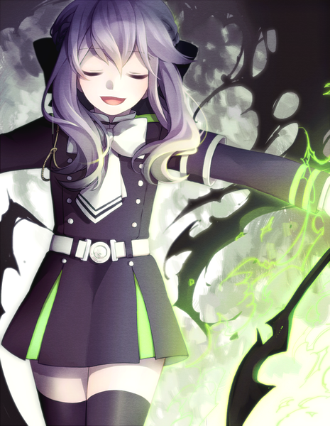 Anime picture 775x1000 with owari no seraph wit studio hiiragi shinoa yuwaro long hair tall image fringe open mouth smile standing purple hair eyes closed girl thighhighs dress uniform bow black thighhighs hair bow belt