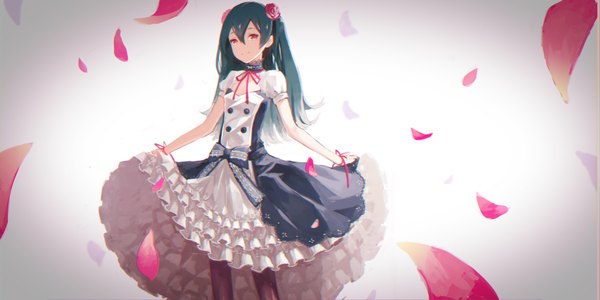 Anime picture 4000x2000 with original usada (usd614) single long hair looking at viewer fringe highres black hair red eyes wide image standing twintails hair flower light smile grey background short sleeves puffy sleeves gradient background girl dress