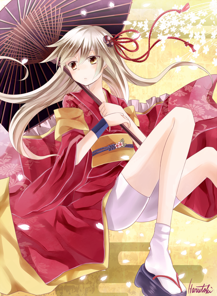 Anime picture 800x1091 with original miyakure single long hair tall image blonde hair brown eyes signed looking away traditional clothes japanese clothes floral print girl hair ornament flower (flowers) socks umbrella white socks obi yukata