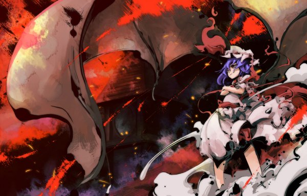 Anime picture 1516x972 with touhou remilia scarlet dain single short hair smile red eyes purple hair wallpaper crossed arms bat wings girl wings bonnet