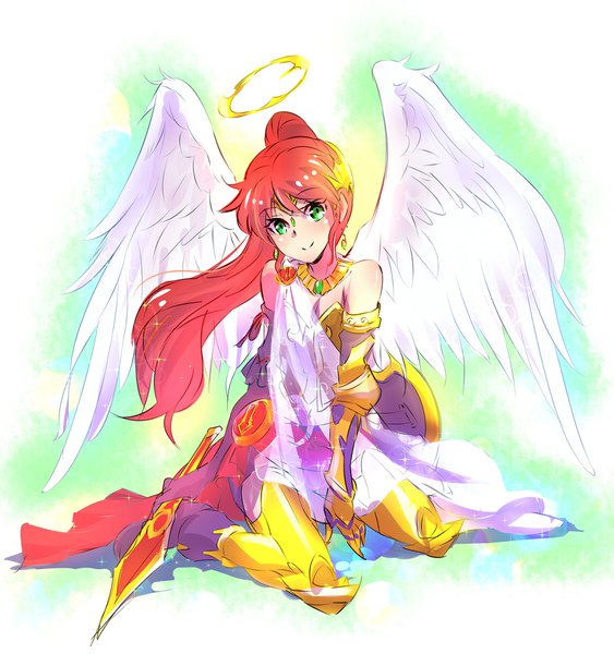 Anime picture 1688x1800 with rwby rooster teeth pyrrha nikos iesupa single long hair tall image looking at viewer smile sitting green eyes full body ponytail red hair wariza angel wings angel girl dress weapon