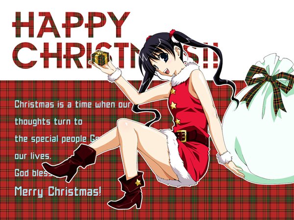 Anime picture 1024x768 with ratman - the smallest hero!? kizaki rio (ratman) inui sekihiko single long hair blush open mouth blue eyes black hair smile twintails legs sleeveless christmas merry christmas girl shoes gift clothes