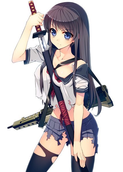 Anime picture 1110x1553 with original hoshi ichi single long hair tall image looking at viewer blue eyes light erotic black hair white background bare shoulders midriff torn clothes girl thighhighs weapon black thighhighs sword katana gun