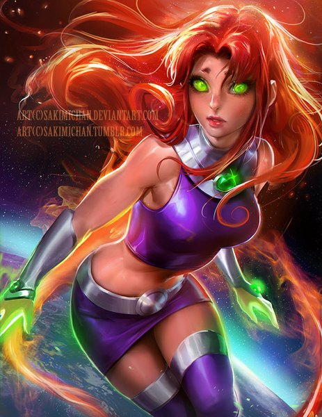 Anime picture 695x900 with teen titans starfire (teen titans) sakimichan single long hair tall image looking at viewer bare shoulders green eyes parted lips lips orange hair realistic bare belly midriff glowing eyebrows space girl skirt