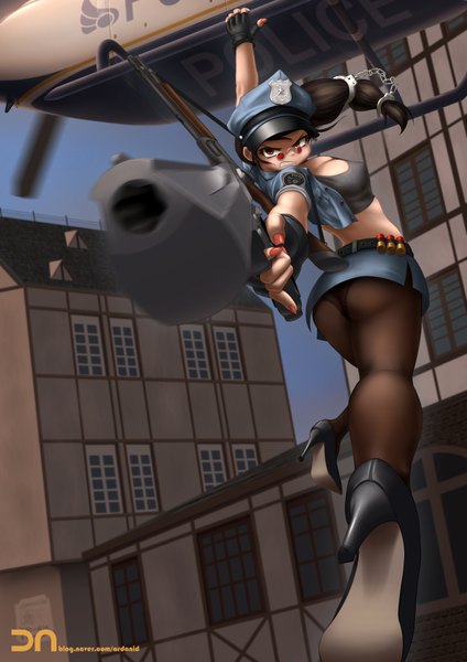 Anime picture 2480x3508 with league of legends caitlyn (league of legends) officer caitlyn nestkeeper single long hair tall image highres breasts light erotic black hair large breasts brown eyes ass erect nipples covered nipples girl skirt gloves uniform