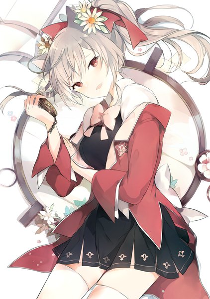 Anime picture 700x996 with original lpip single long hair tall image looking at viewer blush fringe open mouth smile red eyes animal ears ponytail head tilt hair flower grey hair cat ears cat girl zettai ryouiki holding arm