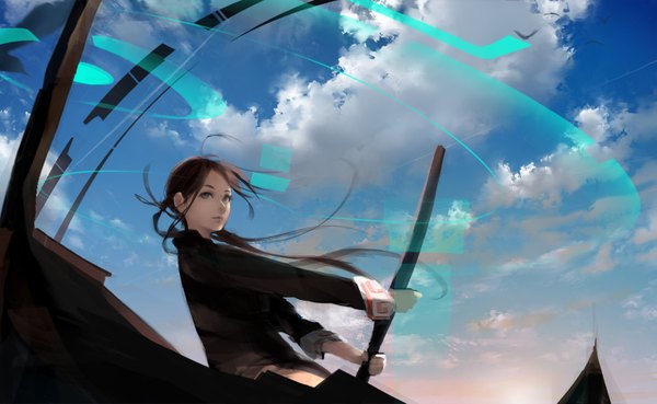 Anime picture 1535x945 with original mujiha (mlog) single long hair brown hair wide image brown eyes sky cloud (clouds) ahoge wind girl watercraft boat oar