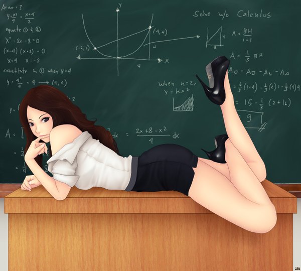 Anime picture 1400x1260 with original khalitzburg single long hair looking at viewer light erotic brown hair full body lying black eyes legs teacher girl skirt miniskirt shirt shoes blackboard