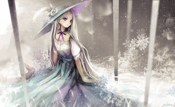 Anime picture 1000x615 with original asahiro single wide image sitting purple eyes signed looking away white hair very long hair barefoot wariza snowing winter snow girl skirt flower (flowers) ribbon (ribbons) hat