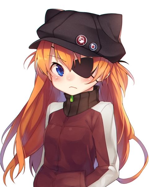 Anime picture 1344x1584 with neon genesis evangelion gainax soryu asuka langley akayan single tall image looking at viewer blush fringe blue eyes simple background white background animal ears cat ears orange hair hands in pockets girl jacket eyepatch flat cap