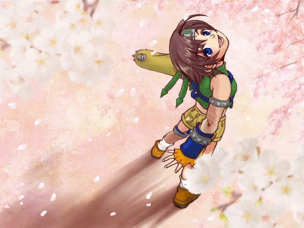 Anime picture 1024x768 with final fantasy final fantasy vii square enix yuffie kisaragi single short hair blue eyes brown hair bare shoulders looking back from above looking up gloves flower (flowers) shorts fingerless gloves leaf (leaves) headband turtleneck sleeveless turtleneck