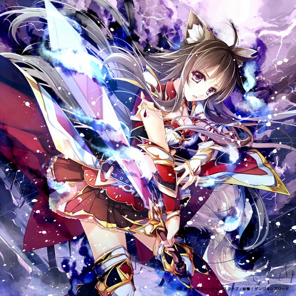 Anime picture 800x800 with original mochizuki shiina single long hair looking at viewer fringe breasts black hair purple eyes signed animal ears ahoge very long hair parted lips cat ears alternate costume lightning knight girl skirt