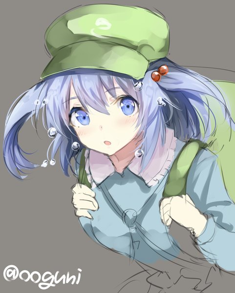 Anime picture 742x924 with touhou kawashiro nitori wowoguni single tall image looking at viewer blush short hair open mouth blue eyes simple background signed blue hair grey background two side up sketch girl water drop backpack flat cap