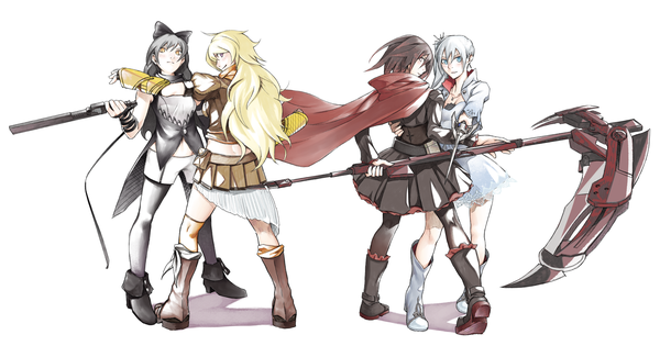 Anime picture 2516x1364 with rwby rooster teeth ruby rose weiss schnee blake belladonna yang xiao long puruchorin long hair looking at viewer blush fringe highres short hair blue eyes black hair simple background blonde hair smile hair between eyes brown hair