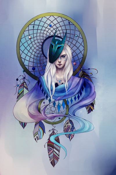 Anime picture 1232x1848 with original robasarel single long hair tall image blue eyes simple background white hair lips mask on head face paint boy pendant feather (feathers) mask