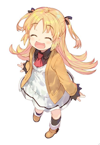 Anime picture 676x982 with ryuuou no oshigoto! charlotte izoard shirabi single long hair tall image blush open mouth simple background blonde hair standing white background full body eyes closed :d from above official art two side up ^ ^ girl