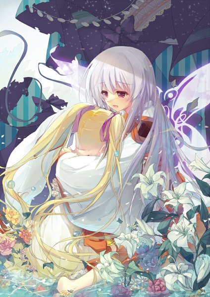 Anime picture 744x1052 with shinkyoku soukai polyphonica yugiri perserte yugiri princesca yayin (yayin233) long hair tall image open mouth blonde hair purple eyes multiple girls white hair hug girl dress flower (flowers) bow ribbon (ribbons) 2 girls hair ribbon petals