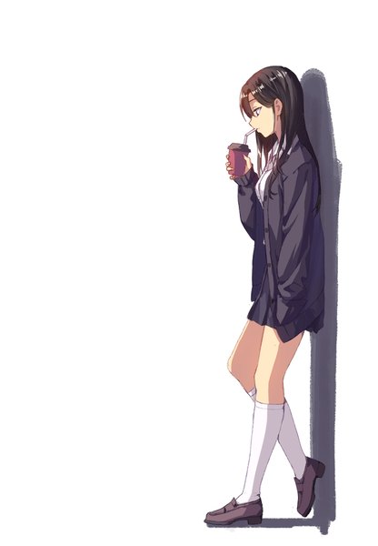 Anime picture 700x1010 with original s.rain single long hair tall image fringe black hair simple background white background full body profile black eyes looking down hand in pocket drinking girl uniform school uniform socks white socks