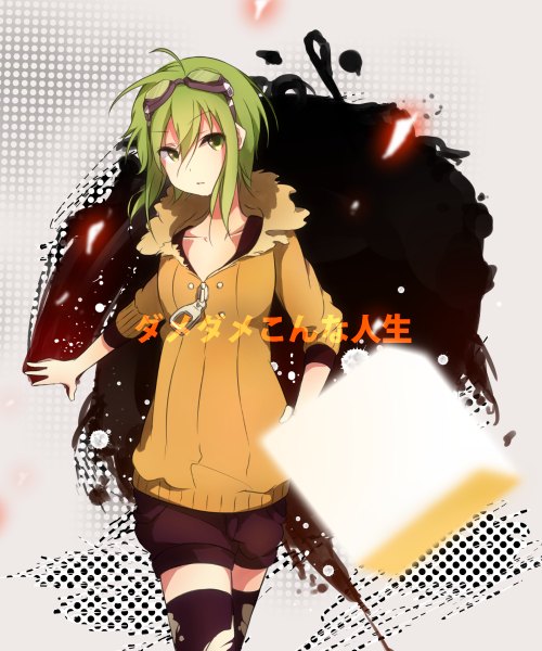 Anime picture 1000x1200 with vocaloid life reset button (vocaloid) gumi pachi (sugiyama0306) single tall image short hair green eyes looking away ahoge green hair girl thighhighs black thighhighs shorts goggles torn thighhighs