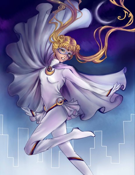 Anime picture 2551x3299 with bishoujo senshi sailor moon toei animation tsukino usagi sailor moon blobble single tall image highres blue eyes blonde hair smile twintails signed wind night night sky city crescent eclipse girl