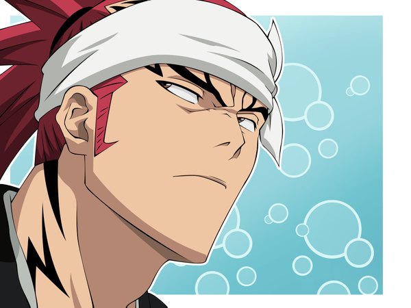 Anime picture 4200x3150 with bleach studio pierrot abarai renji morrow single highres simple background ponytail red hair tattoo border portrait face vector boy bubble (bubbles) bandana