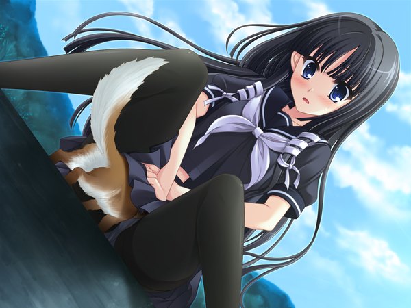 Anime picture 1600x1200 with tasogare no sinsemilla blue eyes light erotic black hair game cg pantyshot sitting girl