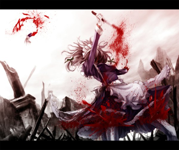 Anime picture 1170x981 with touhou izayoi sakuya lastdark (artist) single short hair braid (braids) maid twin braids letterboxed bleeding guro suicide mutilation dismemberment severed hand girl dress gloves uniform bow