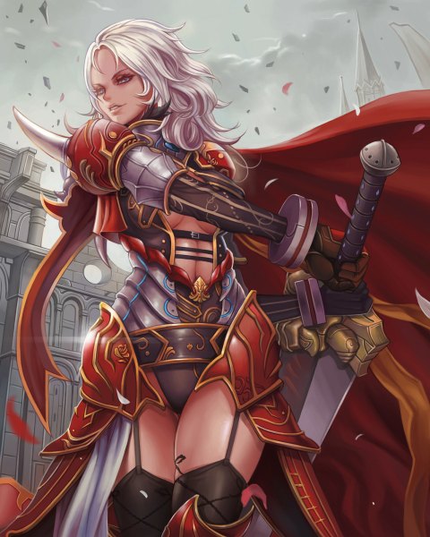 Anime picture 960x1200 with original dantewontdie single long hair tall image breasts light erotic looking away white hair light smile grey eyes girl thighhighs gloves weapon petals sword armor garter straps cape