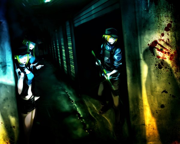 Anime picture 1500x1199 with vocaloid kagamine rin kagamine len gumi short hair breasts blonde hair standing multiple girls ponytail aqua eyes green hair midriff alternate costume dark background twins brother and sister police girl uniform