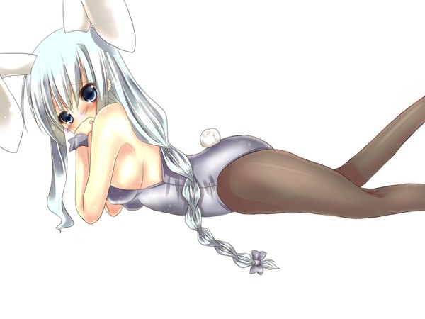 Anime picture 2048x1536 with touhou yagokoro eirin amane ruri single long hair looking at viewer blush highres blue eyes light erotic simple background white background animal ears silver hair tail animal tail bunny ears bunny girl bunny tail girl