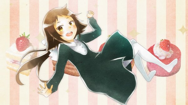 Anime picture 1920x1080 with mikakunin de shinkoukei doga kobo mitsumine mashiro yuiri (blackmn) single long hair looking at viewer blush highres open mouth smile brown hair wide image yellow eyes payot ahoge teeth outstretched arm falling striped background