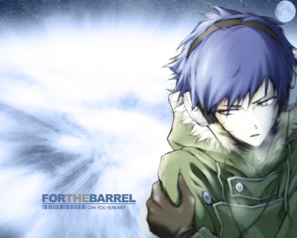 Anime picture 1280x1024 with mobile suit gundam sunrise (studio) for the barrel tagme (character) ling a-bao koyama shigeto minakomel single short hair blue eyes blue hair snowing winter snow steam alternate hair color boy gloves jacket headphones