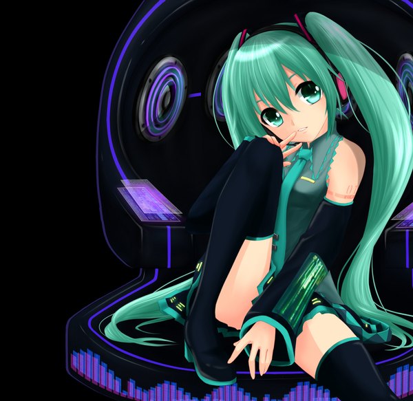 Anime picture 1800x1750 with vocaloid hatsune miku terun (artist) single highres twintails bare shoulders very long hair aqua hair girl thighhighs skirt hair ornament black thighhighs detached sleeves miniskirt necktie headphones vest