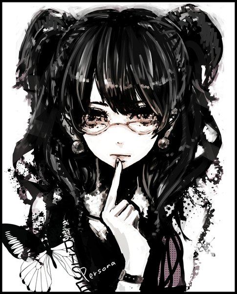 Anime picture 1700x2100 with persona 4 shin megami tensei kujikawa rise long hair tall image looking at viewer black hair simple background white background twintails monochrome short twintails girl earrings glasses insect butterfly jewelry clock pocket watch