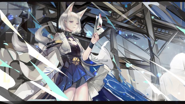 Anime picture 3000x1687 with azur lane kaga (azur lane) ctr chang ge single fringe highres short hair blue eyes wide image animal ears looking away silver hair tail blunt bangs animal tail wind fox ears fox tail letterboxed multiple tails