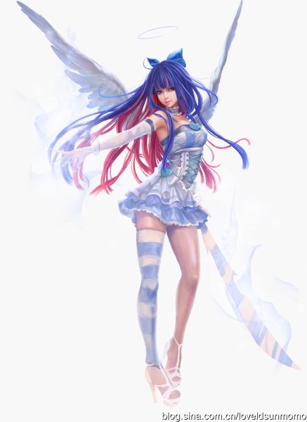 Anime picture 2539x3484 with panty & stocking with garterbelt anarchy stocking sunmomo long hair tall image looking at viewer highres blue eyes smile bare shoulders multicolored hair lips inscription high heels colored inner hair angel wings girl dress gloves ribbon (ribbons)