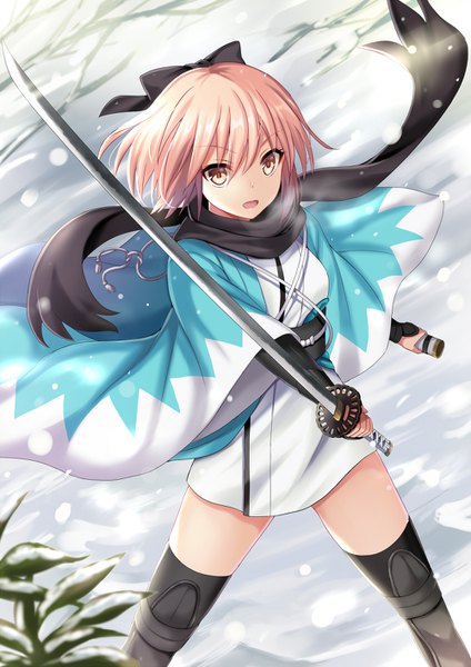 Anime picture 1000x1414 with fate (series) fate/grand order koha-ace okita souji (fate) (all) okita souji (koha-ace) harimoji single tall image looking at viewer blush short hair open mouth blonde hair holding brown eyes yellow eyes long sleeves traditional clothes japanese clothes wind