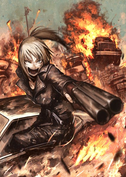 Anime picture 862x1206 with original hetza (hellshock) single long hair tall image fringe open mouth blue eyes blonde hair smile sitting ponytail outstretched arm explosion shot war girl gloves weapon jacket