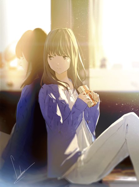 Anime picture 1204x1619 with original loundraw long hair tall image fringe brown hair sitting holding brown eyes signed looking away bent knee (knees) indoors blunt bangs eyes closed long sleeves sunlight open clothes sleeves past wrists reflection