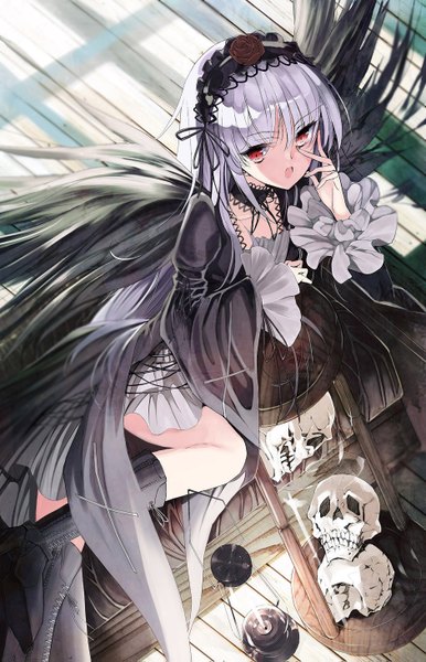 Anime picture 942x1463 with rozen maiden suigintou metallican single long hair tall image fringe open mouth red eyes silver hair lacing black wings girl dress flower (flowers) wings boots hairband rose (roses) skull