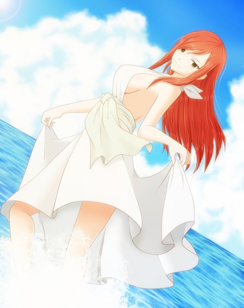 Anime picture 3751x4727 with fairy tail erza scarlet osama00 single long hair tall image highres light erotic smile brown eyes absurdres sky cloud (clouds) red hair dutch angle coloring girl dress white dress sea