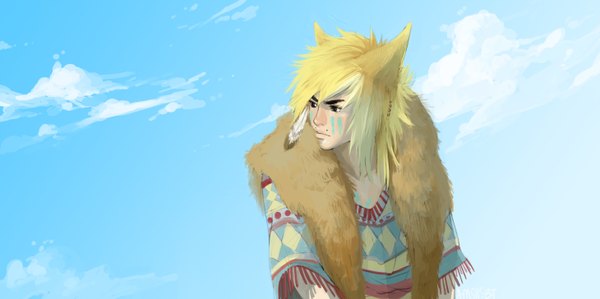 Anime picture 2920x1456 with original amsbt single highres blonde hair wide image animal ears looking away sky cloud (clouds) black eyes facial mark face paint rhombus boy fur feather (feathers) poncho