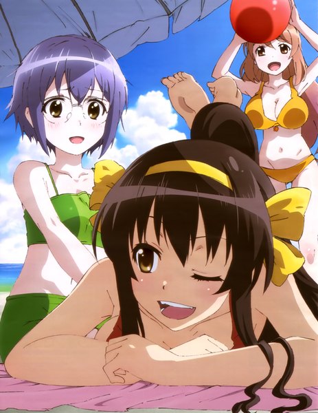 Anime picture 3163x4098 with suzumiya haruhi no yuutsu nagato yuki-chan no shoushitsu kyoto animation suzumiya haruhi nagato yuki asahina mikuru long hair tall image blush highres short hair open mouth black hair brown hair multiple girls brown eyes absurdres sky purple hair cloud (clouds)