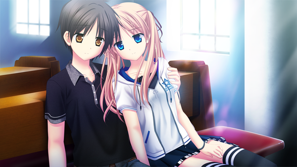 Anime picture 1280x720 with aqua (game) akizuki tsukasa long hair short hair blue eyes black hair blonde hair wide image sitting yellow eyes game cg couple girl thighhighs boy skirt black thighhighs miniskirt