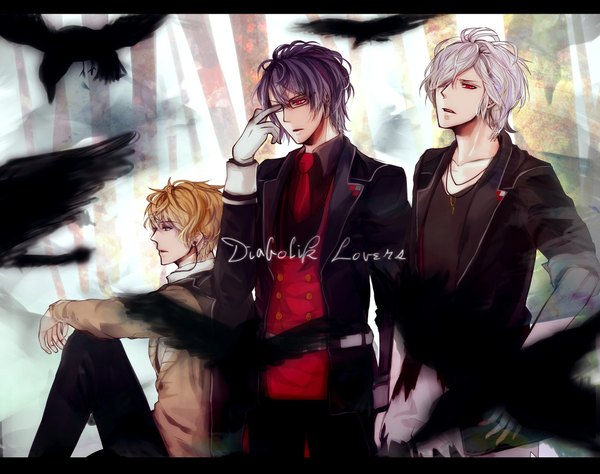 Anime picture 2000x1583 with diabolik lovers idea factory sakamaki shuu sakamaki subaru sakamaki reiji fringe highres short hair blue eyes blonde hair red eyes white hair hair over one eye multiple boys vampire boy uniform school uniform animal glasses