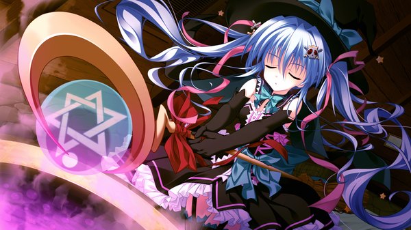 Anime picture 2560x1440 with magical marriage lunatics!! yamakaze ran long hair highres wide image twintails blue hair game cg eyes closed witch girl dress gloves hair ornament ribbon (ribbons) hair ribbon elbow gloves witch hat staff skull hair ornament