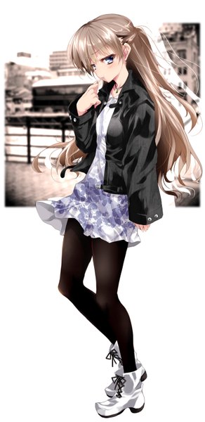 Anime picture 732x1500 with original matsuno canel single long hair tall image looking at viewer blush blue eyes brown hair girl dress shoes jacket boots